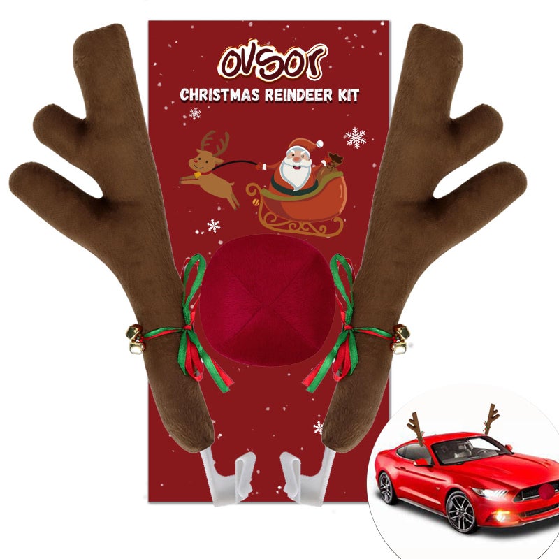 ovsor Car Christmas Reindeer Antlers  Nose DecorationsRudolph Set Reindeer Ornament Costume Auto Accessories for Any Vehicle Decor