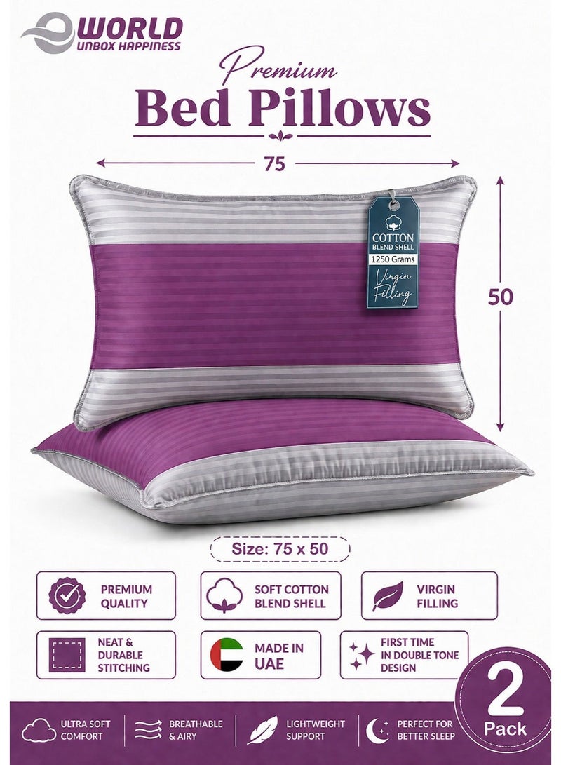 Eworld Pack of 2 Down Alternative Bed Pillows, 1250g Fill, Cotton Blend Cover, Hotel Quality, 50x75cm, Purple-Grey - Image 1