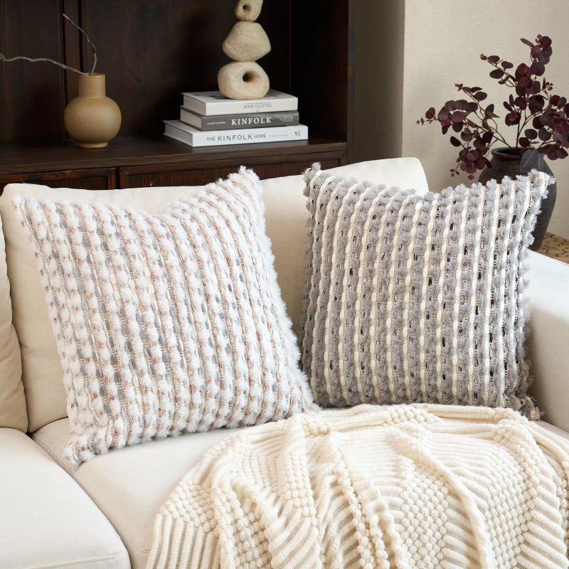 Aeckself Handmade Boho Chenille Tufted Pillow Cover 18x18 Inch, Decorative Square Throw Pillow Cover Neutral Pillowcase for Couch Bedroom Living Room, Grey White - Image 4