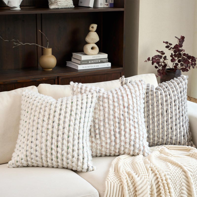 Aeckself Handmade Boho Chenille Tufted Pillow Cover 18x18 Inch, Decorative Square Throw Pillow Cover Neutral Pillowcase for Couch Bedroom Living Room, Grey White - Image 5