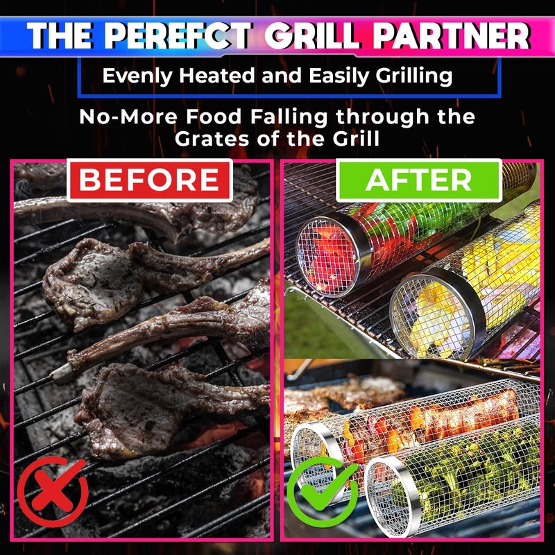 amiciCare Stainless Steel Rolling Grill Basket: Convenient BBQ Accessory for Perfectly Grilled Foods, Grilling Mesh for Outdoor Barbecue - Image 2