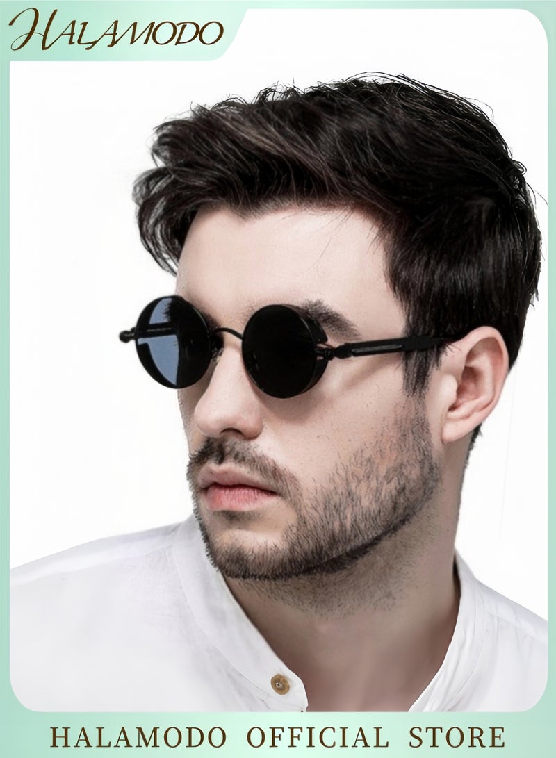 هالامودو نظارات شمسية مستقطبة للجنسين مستقطبة للجنسين مع عدسات مستديرة وإطار معدني حماية من الأشعة فوق البنفسجية UV400 نظارات شمسية دائرية عتيقة - Image 1