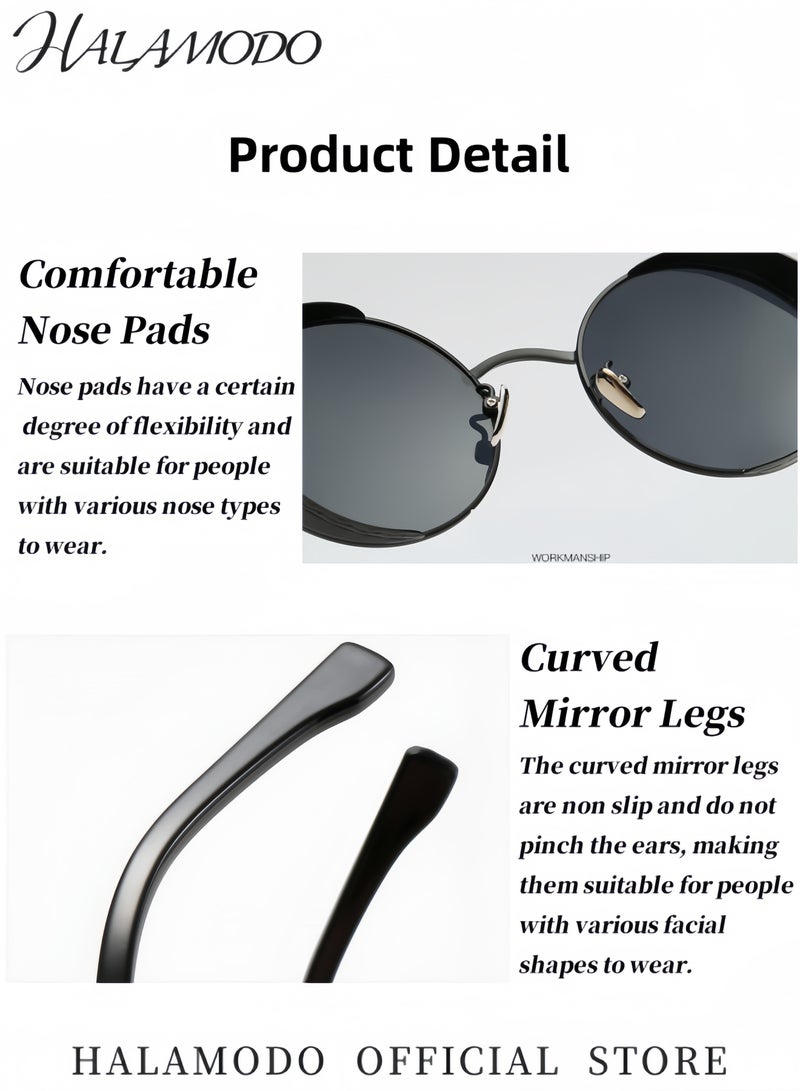 هالامودو نظارات شمسية مستقطبة للجنسين مستقطبة للجنسين مع عدسات مستديرة وإطار معدني حماية من الأشعة فوق البنفسجية UV400 نظارات شمسية دائرية عتيقة - Image 3