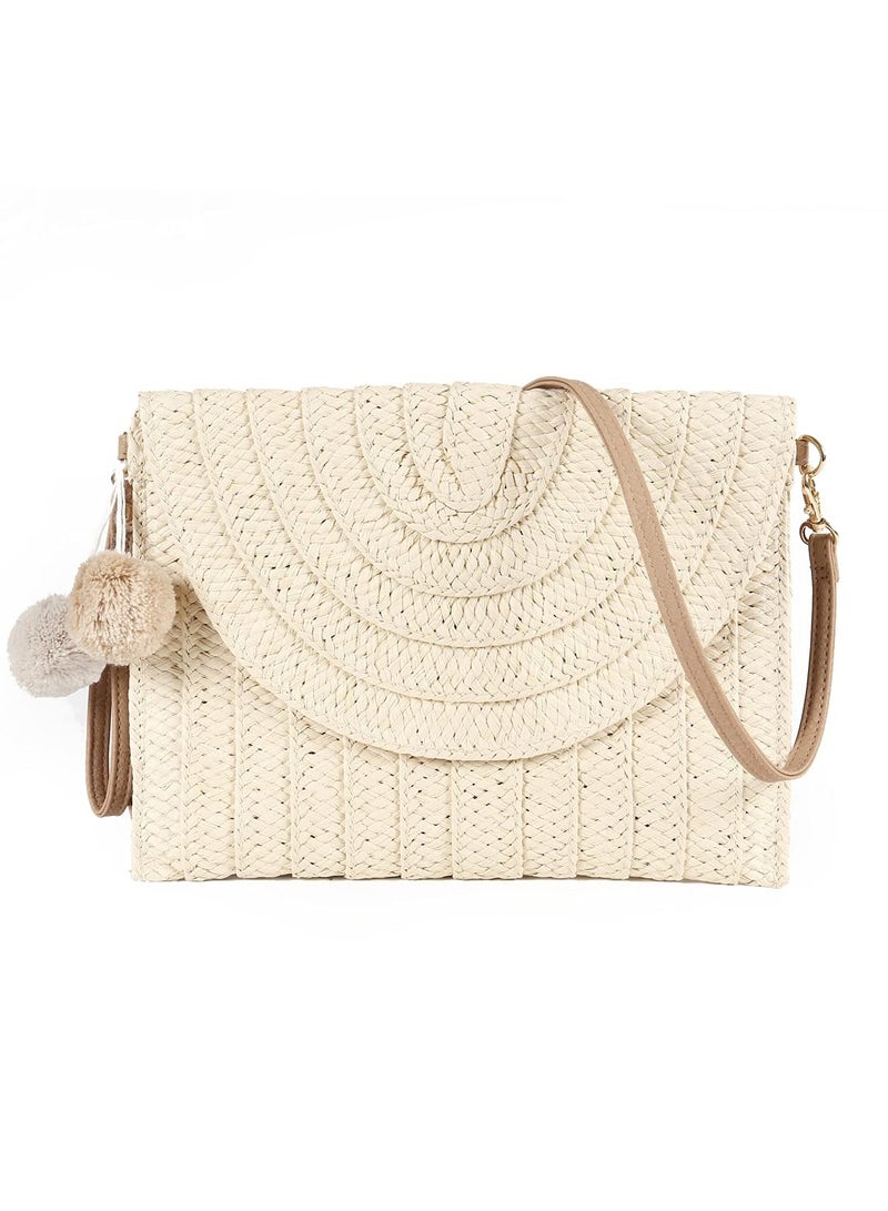 Excefore Straw Shoulder Bag Straw Clutch Women Hand-woven PomPom Straw Crossbody Bag Summer Beach Envelope Purse Wallet - Image 1