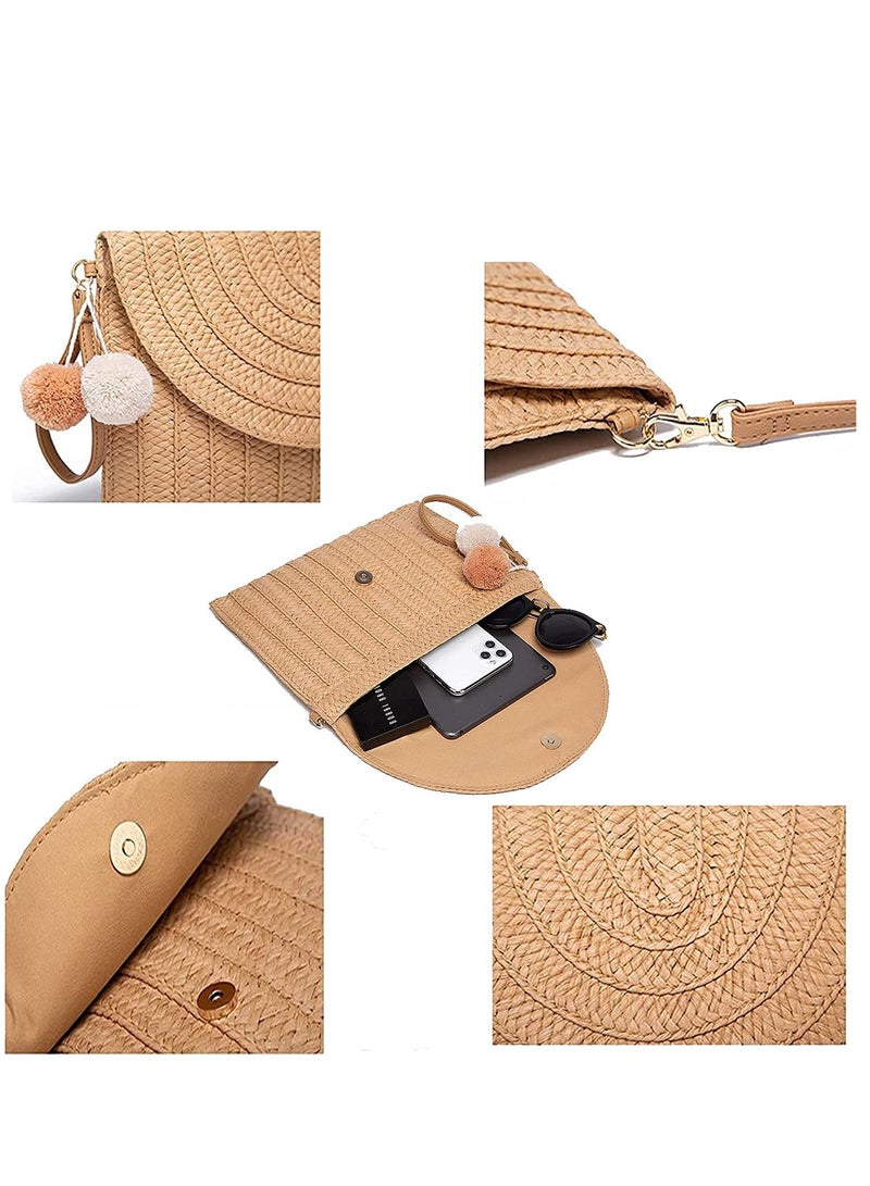 Excefore Straw Shoulder Bag Straw Clutch Women Hand-woven PomPom Straw Crossbody Bag Summer Beach Envelope Purse Wallet - Image 5