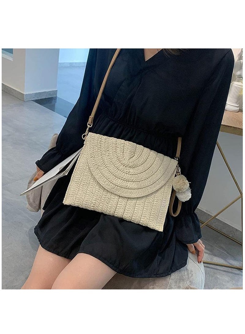 Excefore Straw Shoulder Bag Straw Clutch Women Hand-woven PomPom Straw Crossbody Bag Summer Beach Envelope Purse Wallet - Image 3