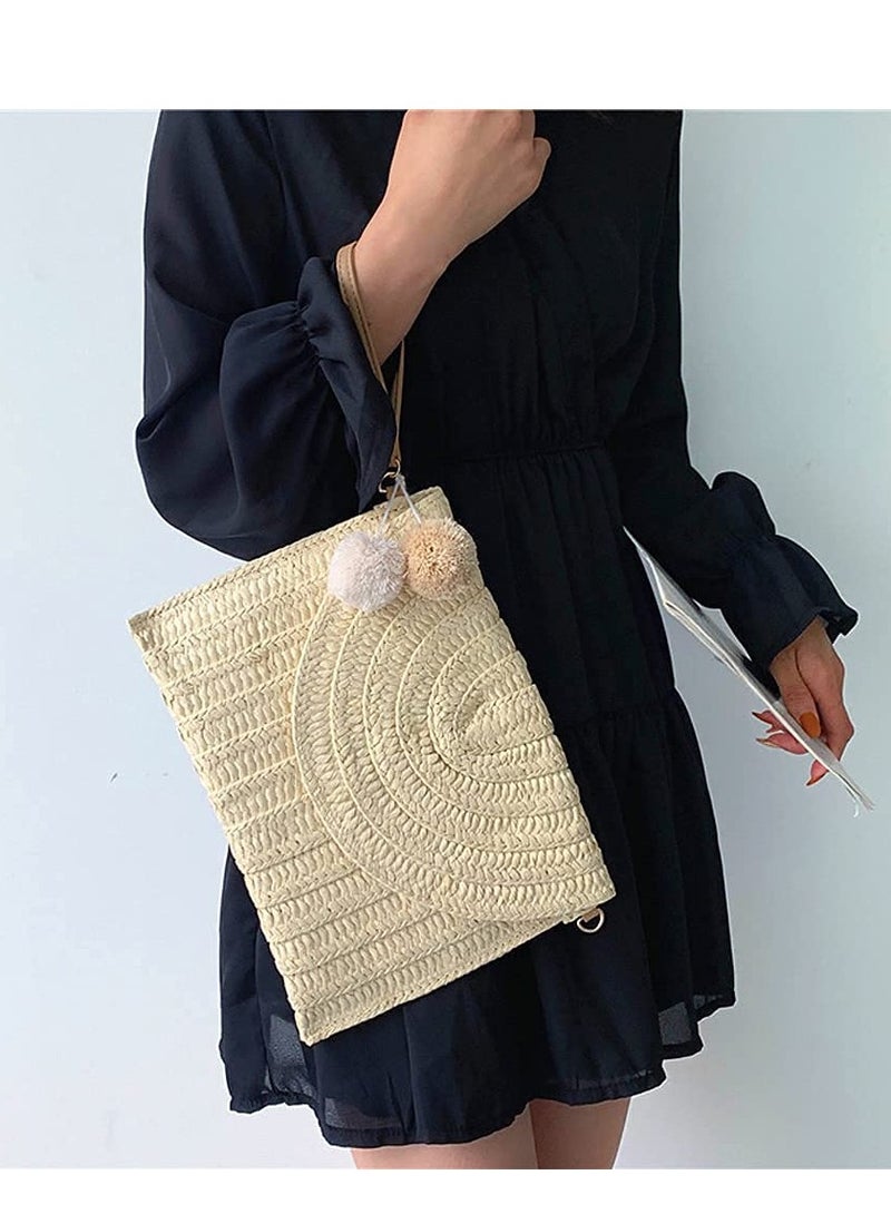 Excefore Straw Shoulder Bag Straw Clutch Women Hand-woven PomPom Straw Crossbody Bag Summer Beach Envelope Purse Wallet - Image 2
