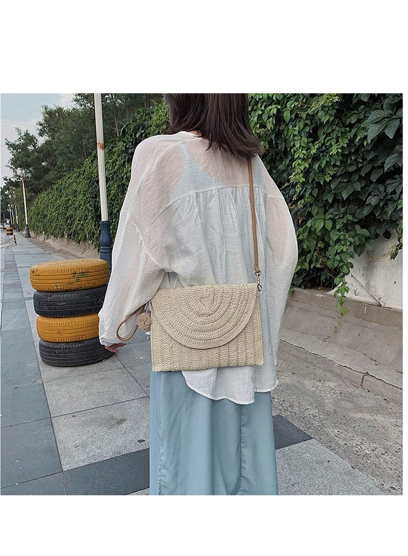 Excefore Straw Shoulder Bag Straw Clutch Women Hand-woven PomPom Straw Crossbody Bag Summer Beach Envelope Purse Wallet - Image 4