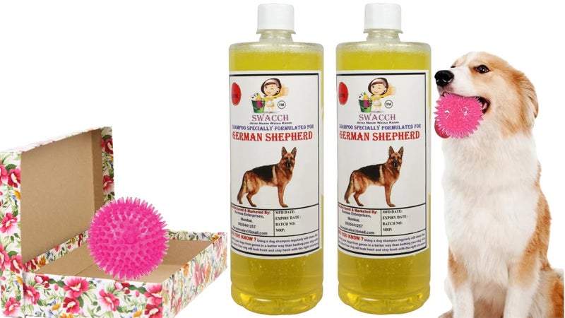 swacch Shampoo | Puppy Safe Shampoo | PH Balanced | Ditch to Itch for German Shepherd Shampoo 2 Litre (Lemon) + Spike Ball Chew Toy Combo Pack - Image 1