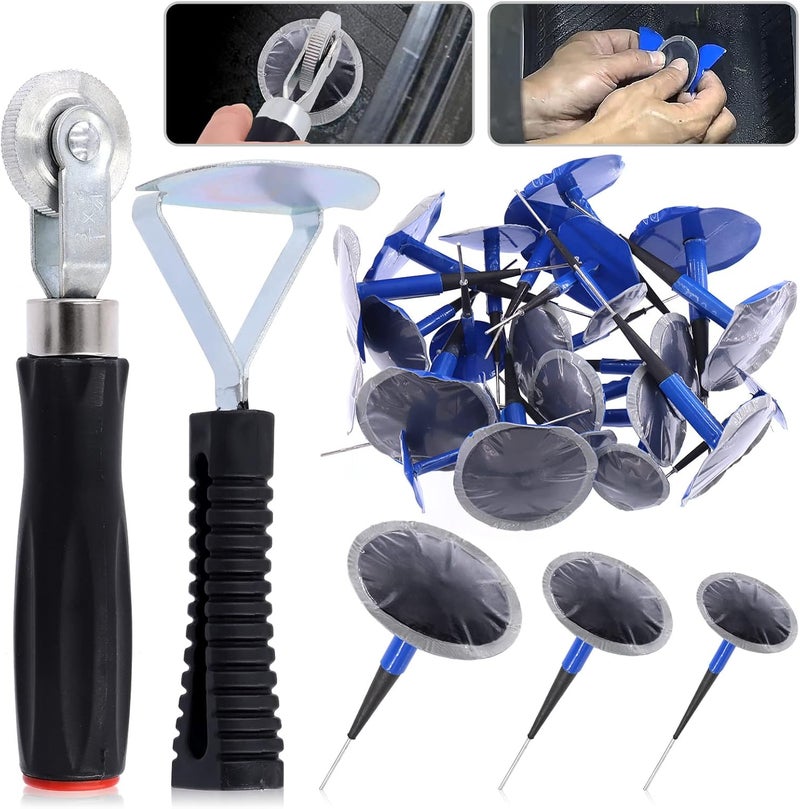 Glarks 26Pcs Tire Repair Patch Tool Kit Including 1Pc Tire Patch Roller, 1Pc Tire Inner Liner Scraper and 24Pcs 4mm/6mm/9mm Tire Repair Patch Plug for Car, Motorcycle, Electric Vehicle Repairing - Image 1