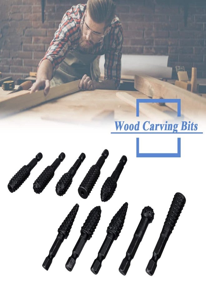Mesee 10 Pieces Rotary Burr Rasp Set, 1/4 Inch Hex Shank Quick Change Wood Carving Drill Bits Carbon Steel File Rasp DIY Woodworking Tool for Wood Plastic Engraving Polishing Grinding - Image 2