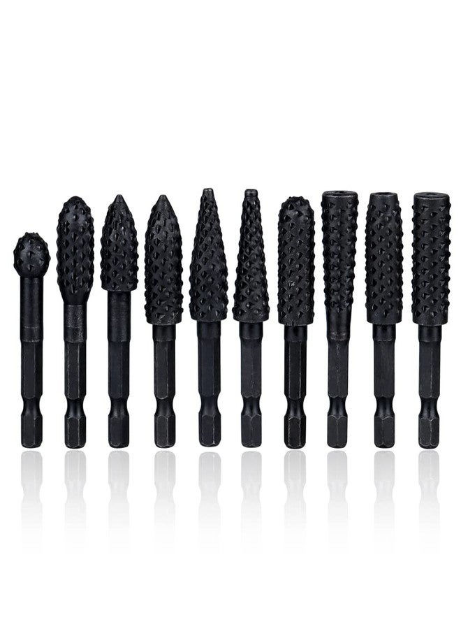 Mesee 10 Pieces Rotary Burr Rasp Set, 1/4 Inch Hex Shank Quick Change Wood Carving Drill Bits Carbon Steel File Rasp DIY Woodworking Tool for Wood Plastic Engraving Polishing Grinding - Image 1