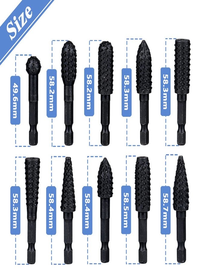 Mesee 10 Pieces Rotary Burr Rasp Set, 1/4 Inch Hex Shank Quick Change Wood Carving Drill Bits Carbon Steel File Rasp DIY Woodworking Tool for Wood Plastic Engraving Polishing Grinding - Image 3
