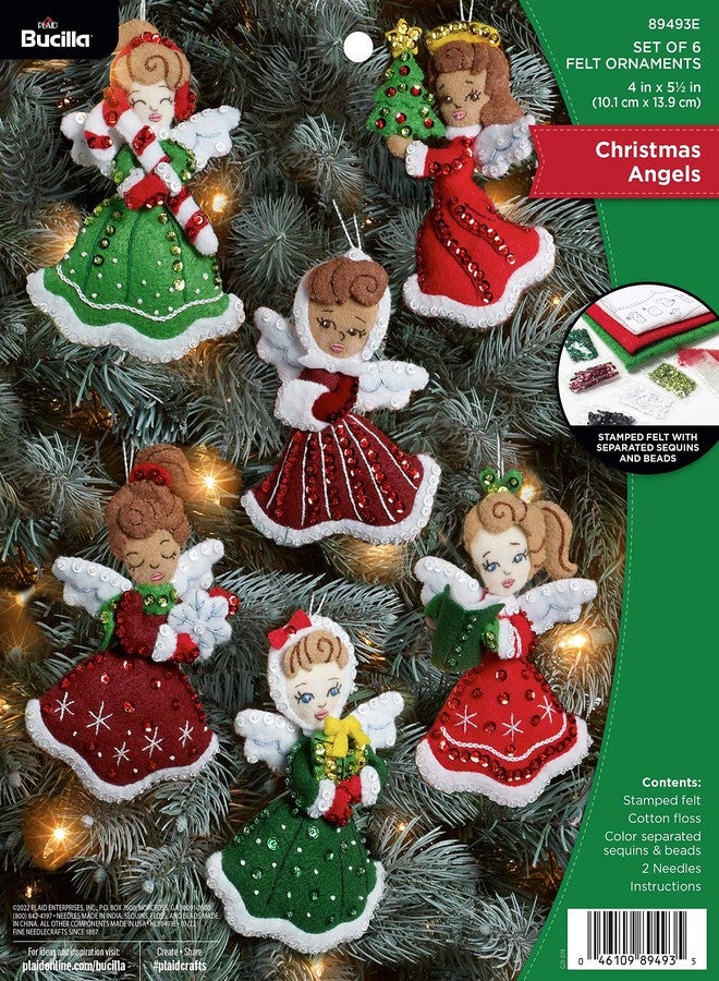 Bucilla Felt Applique 6 Piece Ornament Making Kit, Christmas Angels, Perfect for DIY Arts and Crafts, 89493E - Image 1