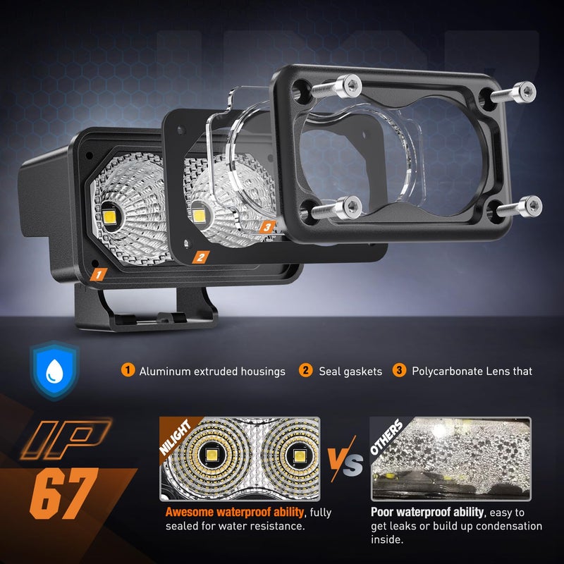 Nilight Motorcycle LED Pods 2 PCS 3 Inch Flood Offroad Fog Light 1160LM Built-in EMC Driving Auxiliary Lights for Motorbike SUV ATV Truck Boat Tractor Forklift - Image 5