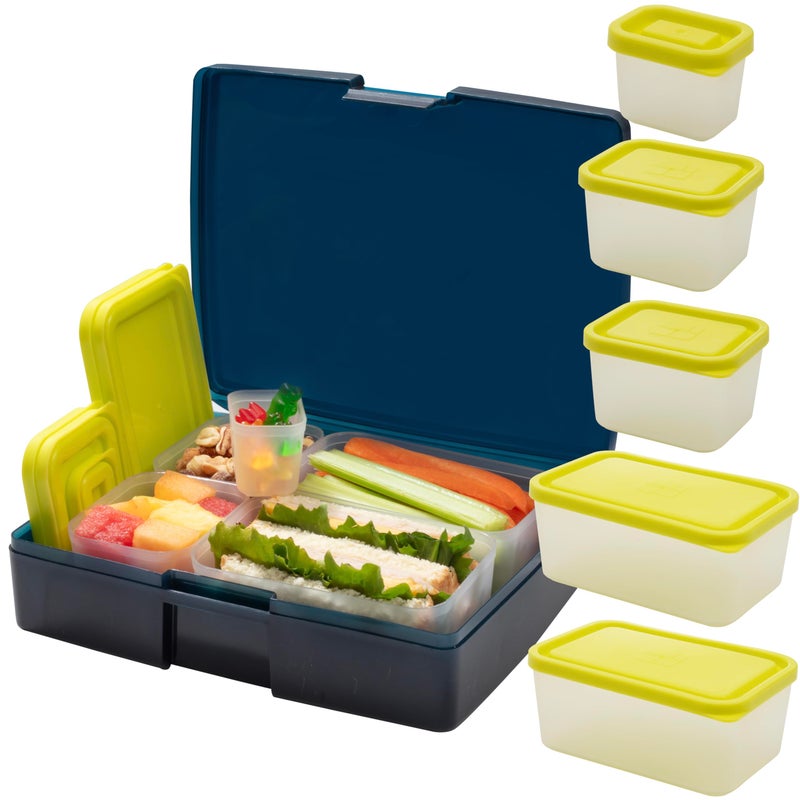 Bentology صندوق غداء بنتولوجي مع 5 حاويات قابلة للإزالة يتضمن قياسات للتحكم في الحصص لتعبئة الوجبات والوجبات الخفيفة أثناء التنقل شفاف منتصف الليل