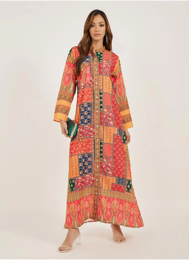 Maxim Creation Abstract Print Collared Button Front Jalabiya