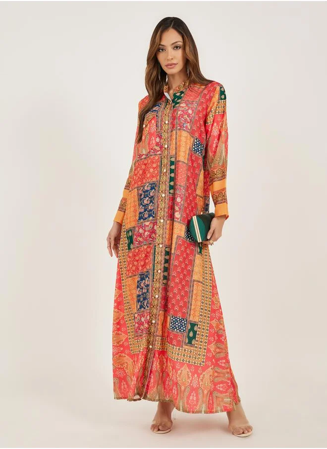 Maxim Creation Abstract Print Collared Button Front Jalabiya