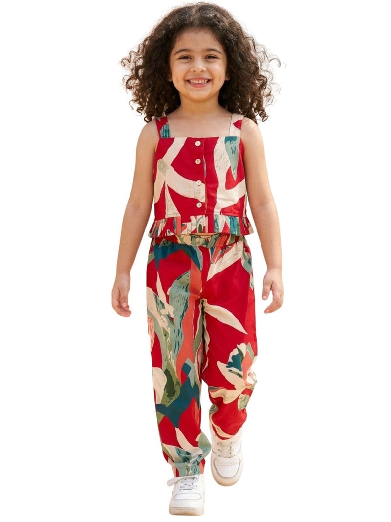 AJ DEZINES Kids Cotton Sleeveless Red Co-ords Set for Girls - Casual Outfit | Vacation Wear |Beach Dress |Tropical Printed Top Pant for girls (G-CO-2032-RED-7-8Y-28) - Image 1