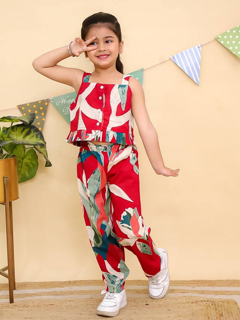 AJ DEZINES Kids Cotton Sleeveless Red Co-ords Set for Girls - Casual Outfit | Vacation Wear |Beach Dress |Tropical Printed Top Pant for girls (G-CO-2032-RED-7-8Y-28) - Image 5