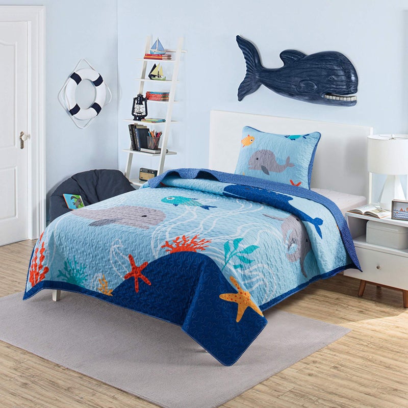 Soul  Lane Ocean Explorer Quilt Set  Twin Size with 1 Sham Kids Ocean Themed Quilted Bedspread with Whales and Sea Life Lightweight Nautical Bedding for Toddlers and Kids