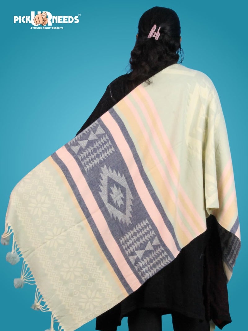 Pick Ur Needs Women's Soft Plaid Shawl Wrap Scarf with Pom Poms Warm Blanket Stole Fashionable Winter Gift for Ladies (Green) - Image 2