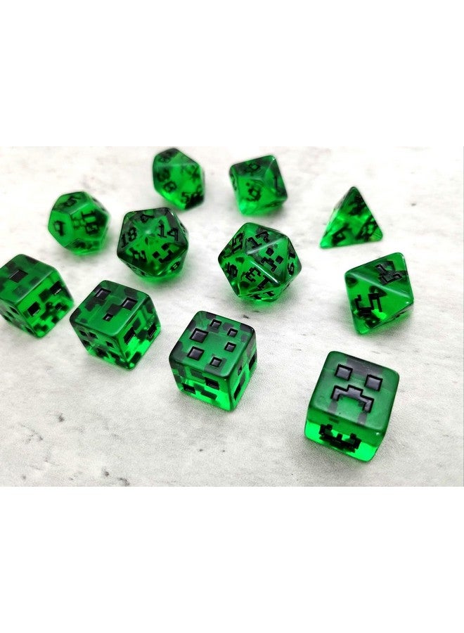 Generic Polyhedral Pixel Green DND Dice Set for Dungeons and Dragons, Tabletop RPG, 8 Pieces  - Image 1