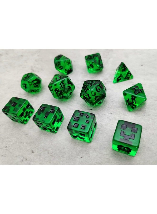 Generic Polyhedral Pixel Green DND Dice Set for Dungeons and Dragons, Tabletop RPG, 8 Pieces  - Image 2