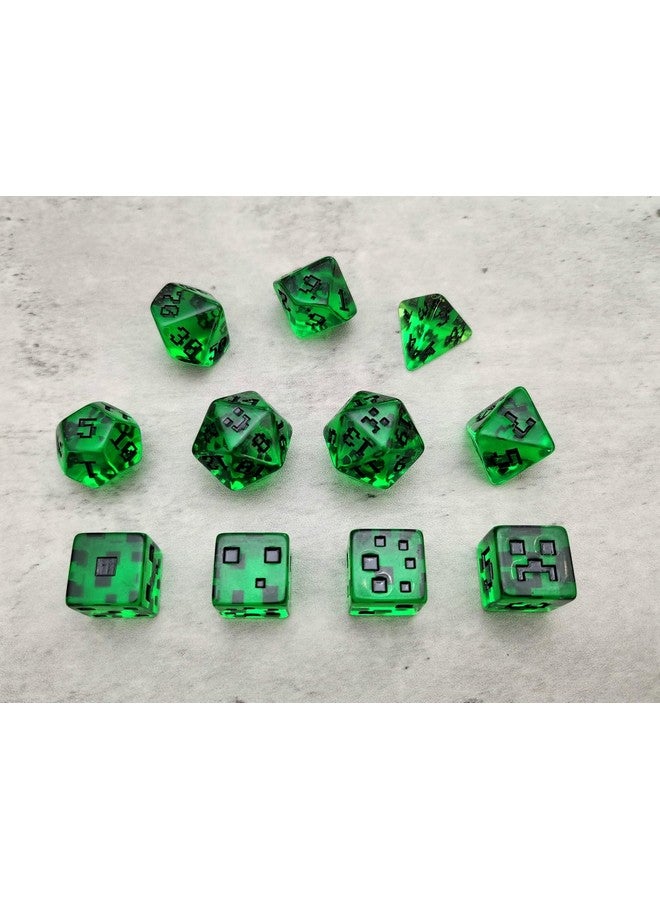 Generic Polyhedral Pixel Green DND Dice Set for Dungeons and Dragons, Tabletop RPG, 8 Pieces  - Image 3
