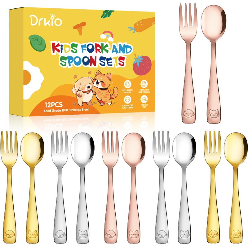 DRKIO Stainless Steel Toddler Utensils Set - 12 Pieces Kids Silverware Set Children Safe Food Grade Small Forks and Spoons Dishwasher Safe Mirror Polished - Image 1