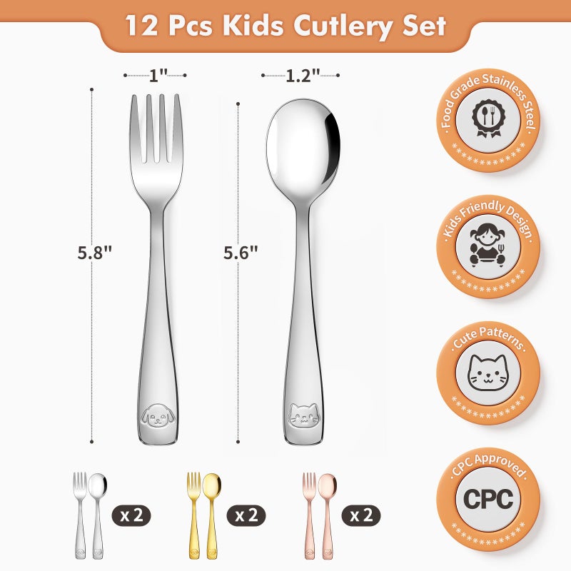 DRKIO Stainless Steel Toddler Utensils Set - 12 Pieces Kids Silverware Set Children Safe Food Grade Small Forks and Spoons Dishwasher Safe Mirror Polished - Image 2