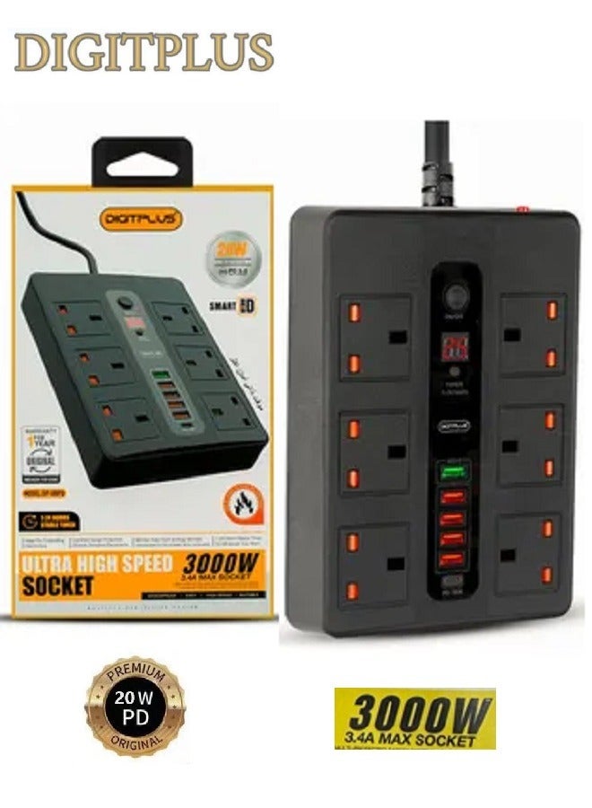 ديجيتبلس وصلة كهرباء ديجت بلس 3 متر بمؤقت ذاتي3000 واط  6 مداخل كهرباء 5 منافذ USB ومنفذ PD تايب سي لون أسود أسود - Image 1