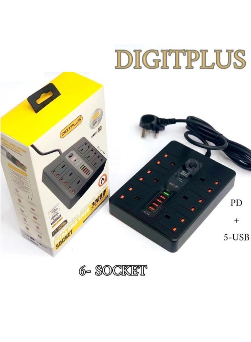 ديجيتبلس وصلة كهرباء ديجت بلس 3 متر بمؤقت ذاتي3000 واط  6 مداخل كهرباء 5 منافذ USB ومنفذ PD تايب سي لون أسود أسود - Image 3