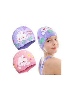 Kids Swimming Caps, 2 PCS Kids Waterproof Bathing Swim Cap, for Kids, Children, Boys and Girls, Girls Swimming Hat Fabric Toddler Swim Caps, Polyester Child's Swim Hats for Long and Short Hair