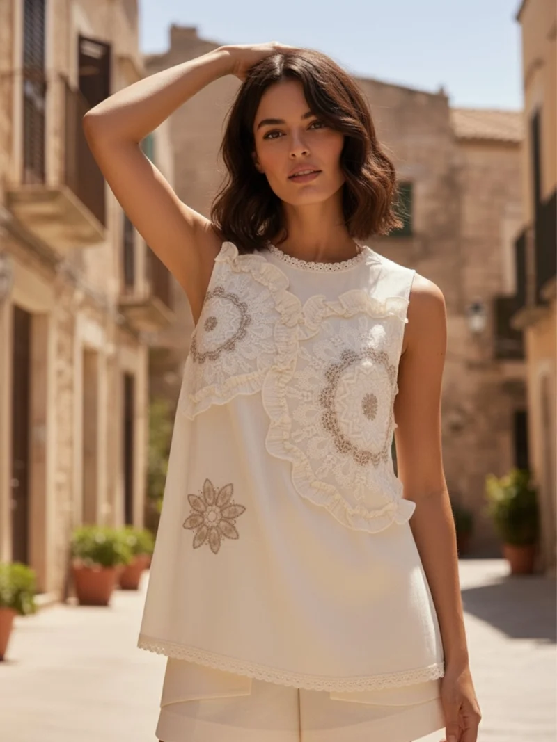 Outzidr  Off White Sleevless Embroidered Blouse With Frill Detail for Women | Best Price UAE