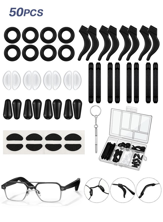 سويت لايف مجموعة من 50 قطعة من مثبتات النظارات، 12 زوجًا من وسادات الأنف اللاصقة المضادة للانزلاق، 4 مقابض أذن دائرية، 4 حاملات خطافات أذن من السيليكون، 4 أطراف صدغ النظارات، كم للإصلاح (أسود) - Image 1