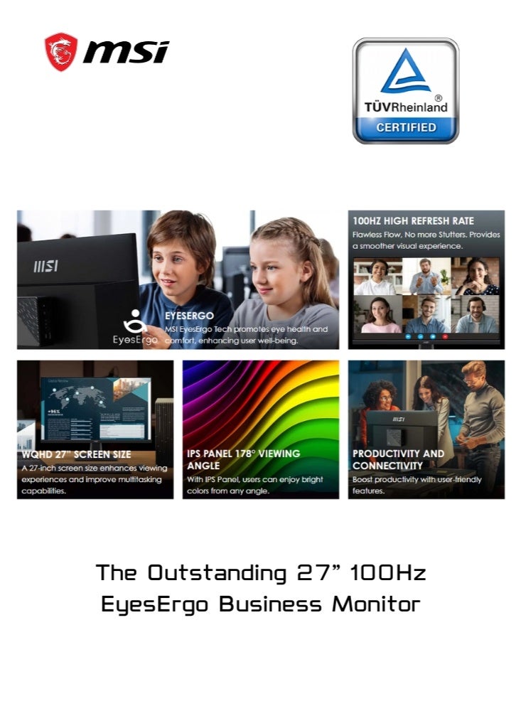 إم اس أي PRO MP275Q | 27 Inch 2560 x 1440 (WQHD) Office Monitor | IPS Panel, 100 Hz, Eye-Friendly Screen | Built-in Speakers, Tilt-Adjustable - HDMI, DisplayPort | 9S6-3PC3CM-026 - Image 2