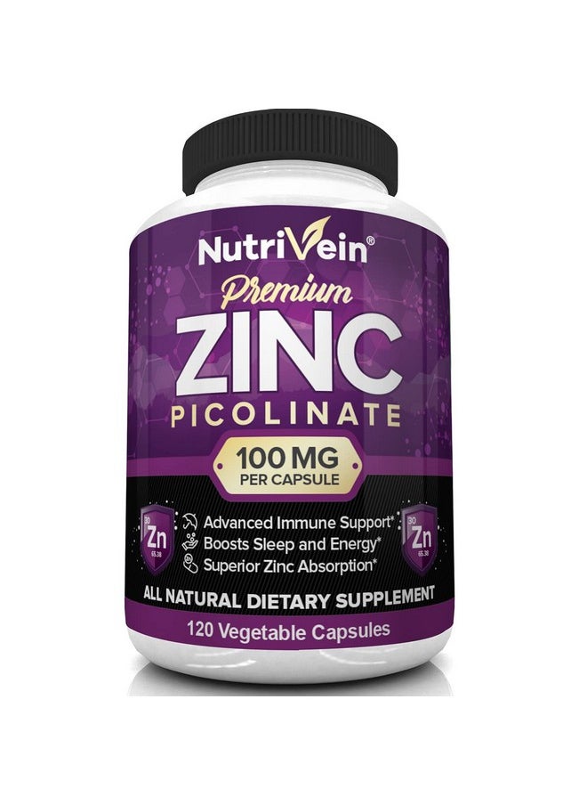 Nutrivein Premium Zinc Picolinate 100Mg 120 Capsules Immunity Defense Boosts Immune System & Cellular Regeneration Maximum Strength Bioavailable Supplement Essential Elements For Absorption  - Image 2