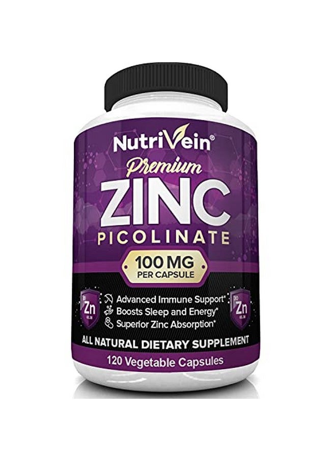 Nutrivein Premium Zinc Picolinate 100Mg 120 Capsules Immunity Defense Boosts Immune System & Cellular Regeneration Maximum Strength Bioavailable Supplement Essential Elements For Absorption  - Image 1