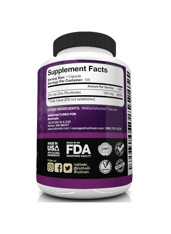 Nutrivein Premium Zinc Picolinate 100Mg 120 Capsules Immunity Defense Boosts Immune System & Cellular Regeneration Maximum Strength Bioavailable Supplement Essential Elements For Absorption  - Image 5