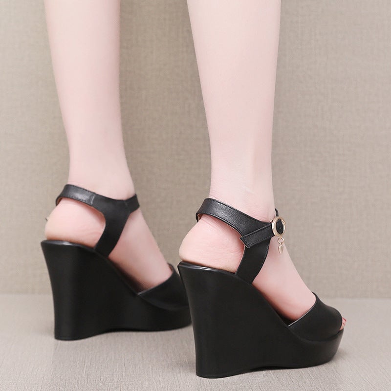 Cowhide Wedge Platform Sandals Women'S Pure Cowhide Summer Platform Shoes High Heel Non-Slip Pee-Toe Shoes - Image 5