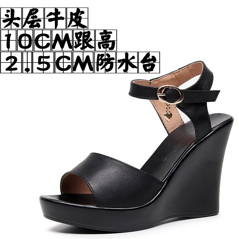 Cowhide Wedge Platform Sandals Women'S Pure Cowhide Summer Platform Shoes High Heel Non-Slip Pee-Toe Shoes - Image 1