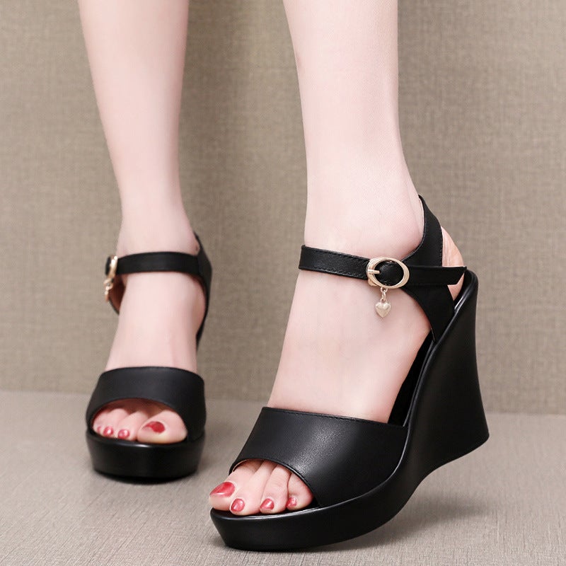 Cowhide Wedge Platform Sandals Women'S Pure Cowhide Summer Platform Shoes High Heel Non-Slip Pee-Toe Shoes - Image 2