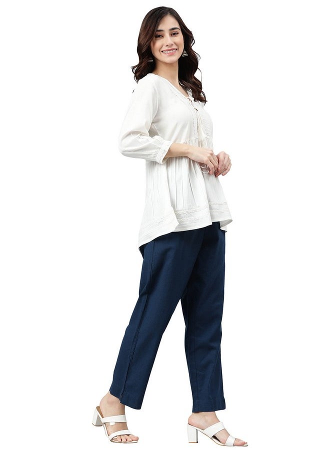 Janasya - Janasya Women's White Rayon Solid Flared Top(JNE3865-TP-L) - Image 1