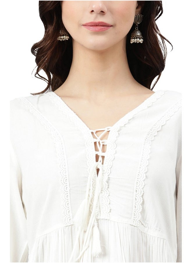 Janasya - Janasya Women's White Rayon Solid Flared Top(JNE3865-TP-L) - Image 1