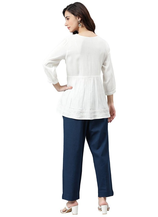 Janasya - Janasya Women's White Rayon Solid Flared Top(JNE3865-TP-L) - Image 1