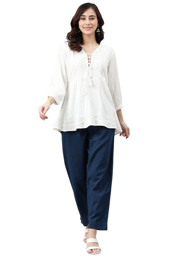 Janasya - Janasya Women's White Rayon Solid Flared Top(JNE3865-TP-L) - Image 1