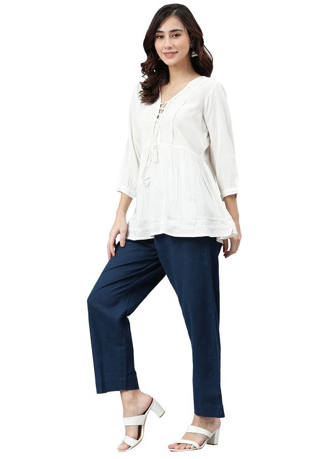 Janasya - Janasya Women's White Rayon Solid Flared Top(JNE3865-TP-L) - Image 1