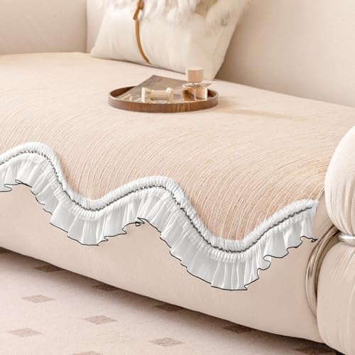 HOKIPO 'French Lace & Luxe' Anti-Slip Sofa Armrest Covers | Elegant Curved Lace Design | 1 Pair - Oakwood Light Brown (AR-6128-BRN*2) - Image 1