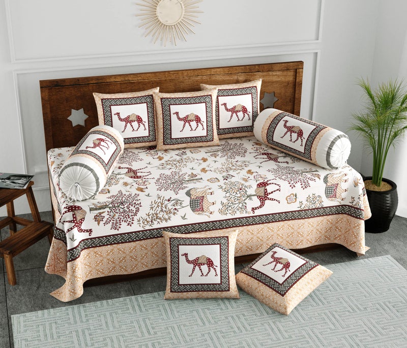 BLOCKS OF INDIA 200Tc Diwan Set Cotton 8 Piece | Deewan Printed Bedsheet Sets For Living Room Hall (Set Of 8 Piece, 1-Bed Sheet | 2-Bolster Cover | 5-Cushion Cover (Color 11), Brown - Image 1